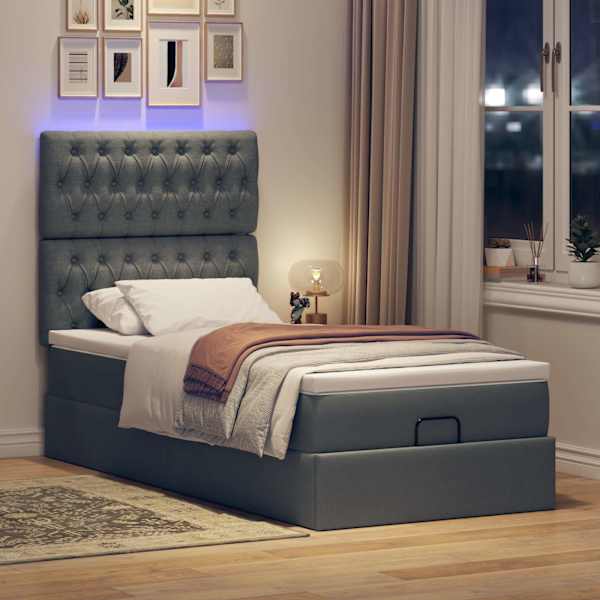 LED-valgustusega voodiraam peatsiga koos madratsiga, tumehall, 90 × 190 cm, kangas — mudel 3314052