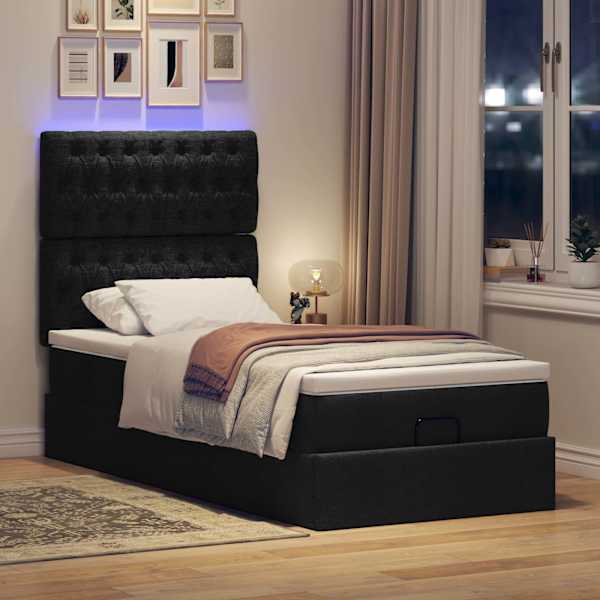 LED-valgustusega voodiraam peatsiga koos madratsiga, must, 90 × 200 cm, kangas — mudel 3314060