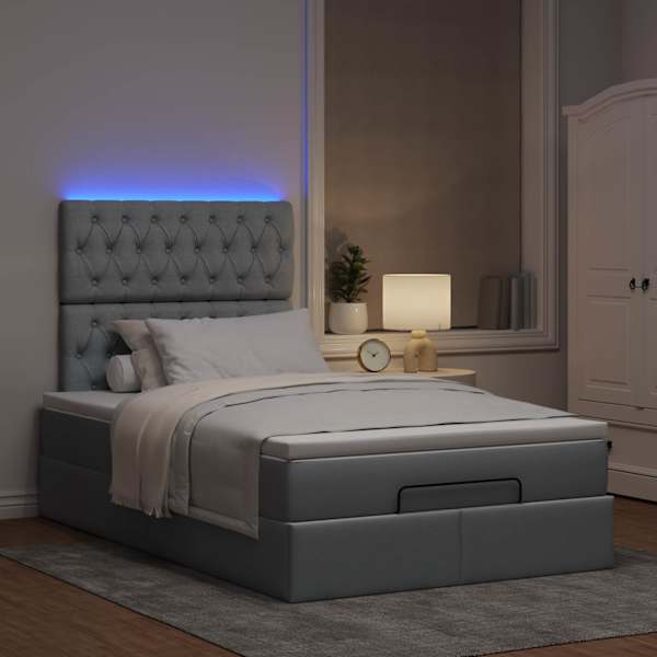 LED-valgustusega voodiraam peatsiga koos madratsiga, helehall, 120 × 190 cm, kangas — mudel 3314072