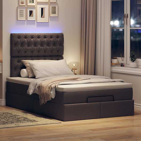 LED-valgustusega voodiraam peatsiga koos madratsiga, tumepruun, 120 × 190 cm, kangas — mudel 3314075
