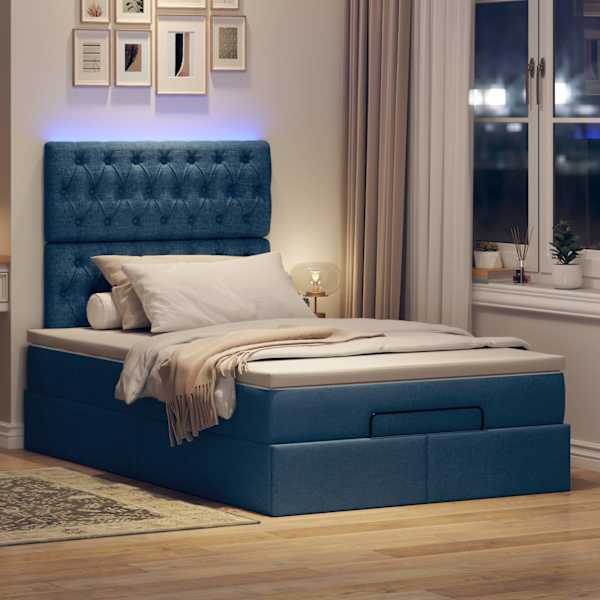 LED-valgustusega voodiraam peatsiga koos madratsiga, sinine, 120 × 190 cm, kangas — mudel 3314078