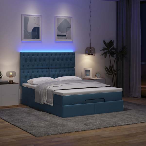 LED-valgustusega voodiraam peatsiga koos madratsiga, sinine, 140 × 200 cm, kangas — mudel 3314099