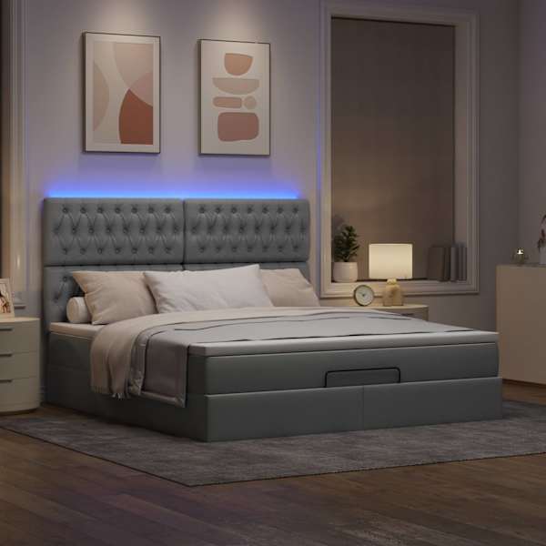 LED-valgustusega voodiraam peatsiga koos madratsiga, helehall, 160 × 200 cm, kangas — mudel 3314100