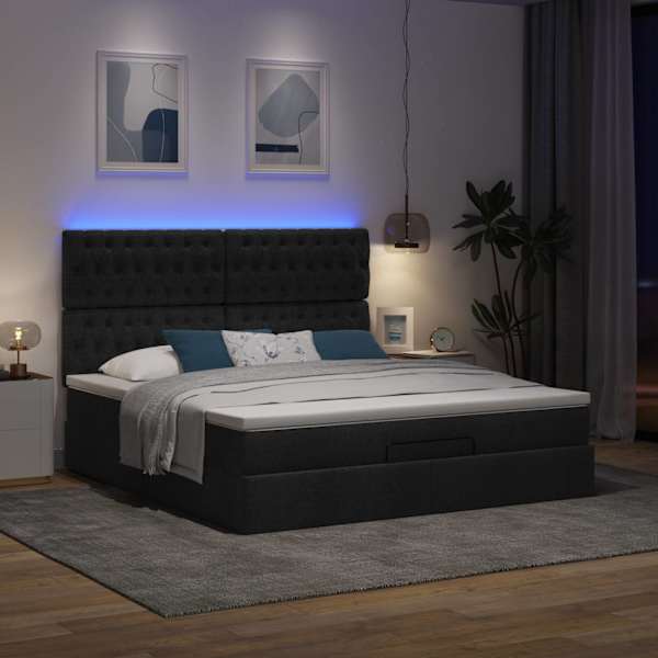 LED-valgustusega voodiraam peatsiga koos madratsiga, must, 160 × 200 cm, kangas — mudel 3314102