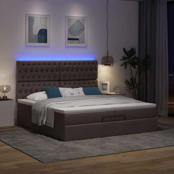 LED-valgustusega voodiraam peatsiga koos 2 madratsiga, tumepruun, 200 × 200 cm, kangas — mudel 3314117