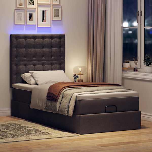 LED-valgustusega voodiraam peatsiga koos madratsiga, tumepruun, 90 × 200 cm, kangas — mudel 3314144