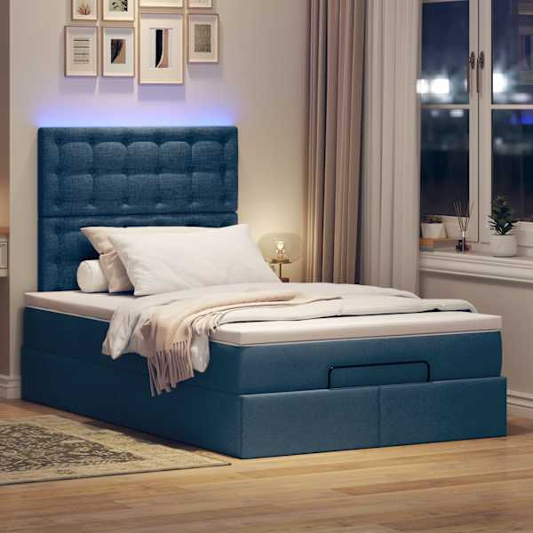 LED-valgustusega voodiraam peatsiga koos madratsiga, sinine, 120 × 190 cm, kangas — mudel 3314161
