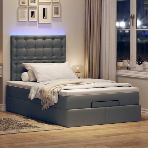 LED-valgustusega voodiraam peatsiga koos madratsiga, tumehall, 120 × 200 cm, kangas — mudel 3314163