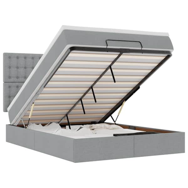 LED-valgustusega voodiraam peatsiga koos madratsiga, helehall, 140 × 190 cm, kangas — mudel 3314169