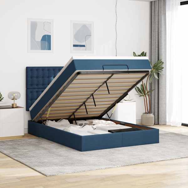 LED-valgustusega voodiraam peatsiga koos madratsiga, sinine, 140 × 190 cm, kangas — mudel 3314175