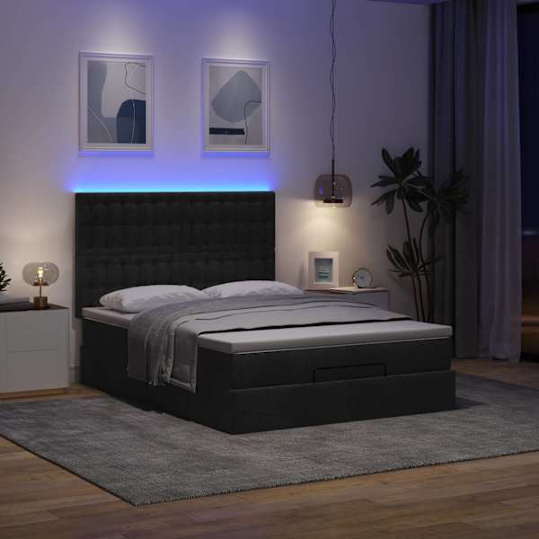 LED-valgustusega voodiraam peatsiga koos madratsiga, must, 140 × 200 cm, kangas — mudel 3314178