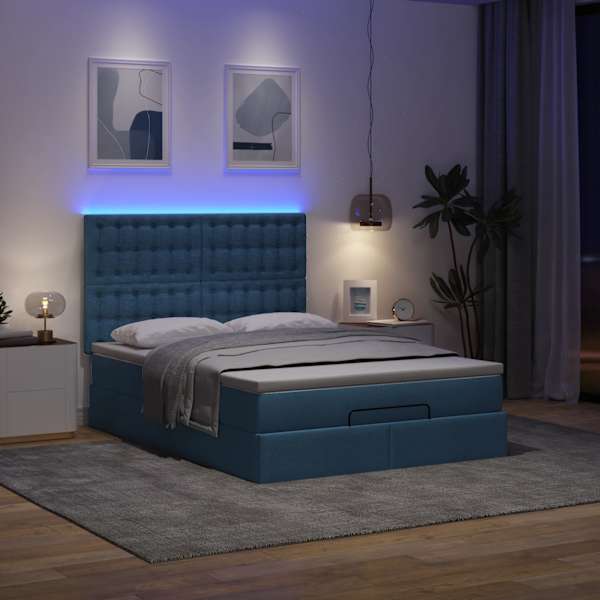 LED-valgustusega voodiraam peatsiga koos madratsiga, sinine, 140 × 200 cm, kangas — mudel 3314182