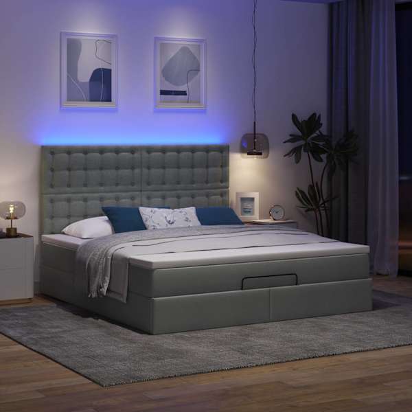 LED-valgustusega voodiraam peatsiga koos madratsiga, tumehall, 160 × 200 cm, kangas — mudel 3314184