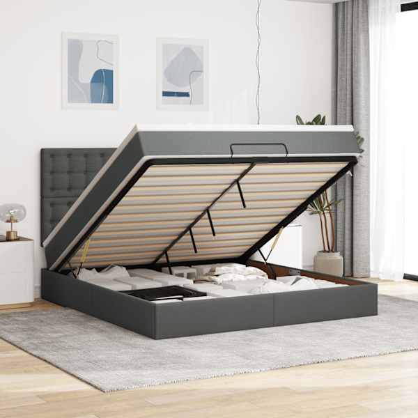 LED-valgustusega voodiraam peatsiga koos madratsiga, tumehall, 160 × 200 cm, kangas — mudel 3314184