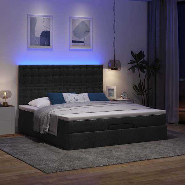 LED-valgustusega voodiraam peatsiga koos madratsiga, must, 180 × 200 cm, kangas — mudel 3314192