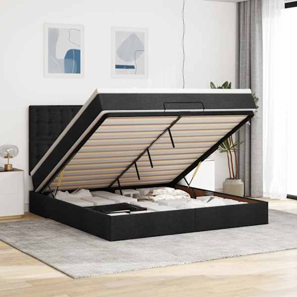 LED-valgustusega voodiraam peatsiga koos madratsiga, must, 180 × 200 cm, kangas — mudel 3314192