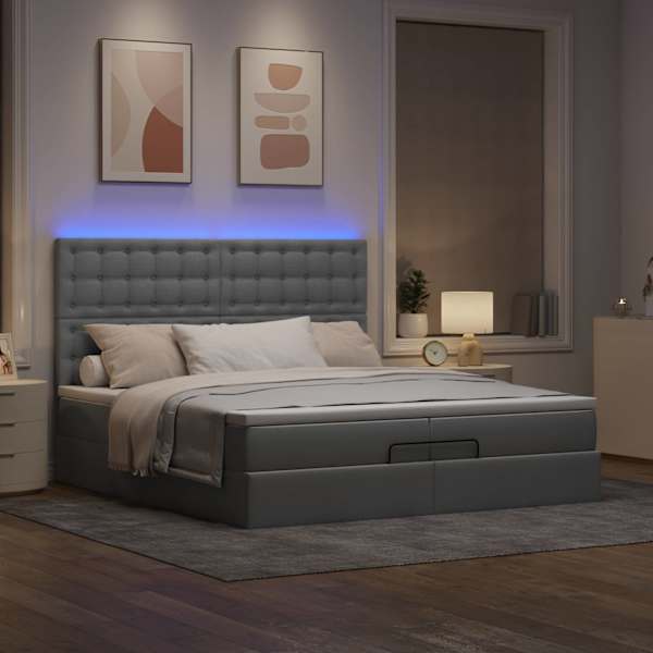 LED-valgustusega voodiraam peatsiga koos 2 madratsiga, helehall, 200 × 200 cm, kangas — mudel 3314197