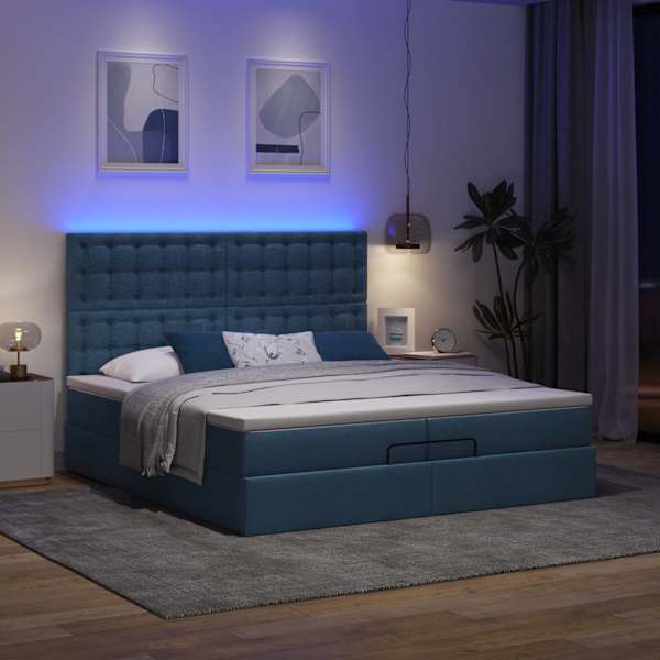 LED-valgustusega voodiraam peatsiga koos 2 madratsiga, sinine, 200 × 200 cm, kangas — mudel 3314203