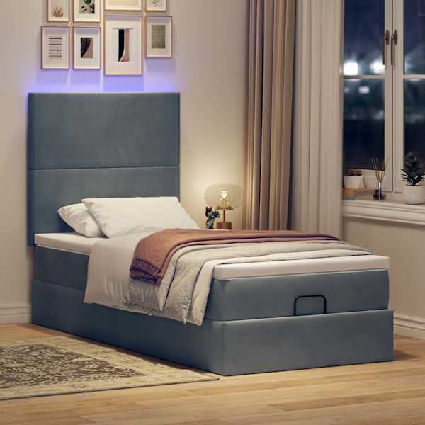 LED-valgustusega voodiraam peatsiga koos madratsiga, tumehall, 90 × 190 cm, samet — mudel 3314217