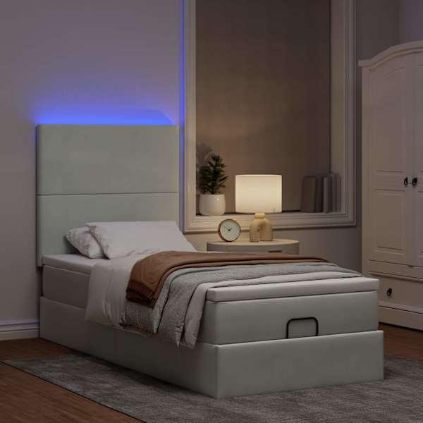 LED-valgustusega voodiraam peatsiga koos madratsiga, helehall, 100 × 200 cm, samet — mudel 3314228