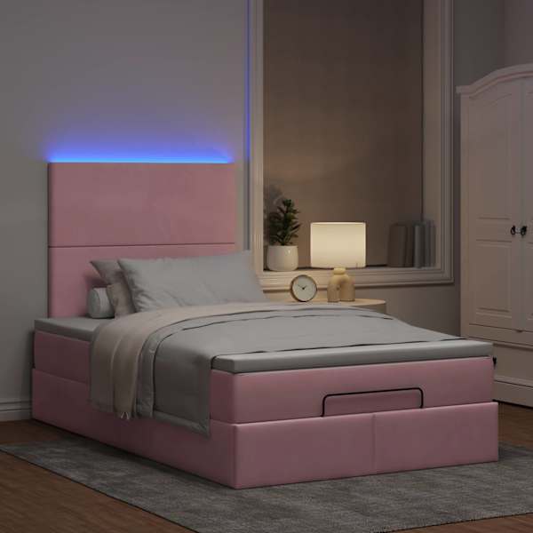 LED-valgustusega voodiraam peatsiga koos madratsiga, roosa, 120 × 190 cm, samet — mudel 3314239