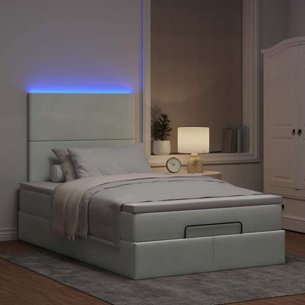 LED-valgustusega voodiraam peatsiga koos madratsiga, helehall, 120 × 200 cm, samet — mudel 3314240