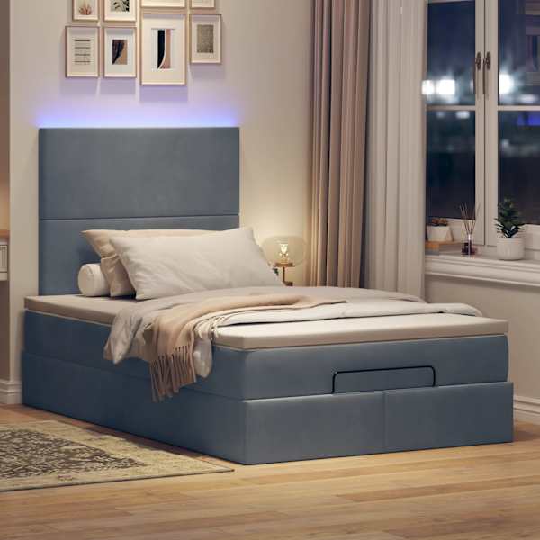 LED-valgustusega voodiraam peatsiga koos madratsiga, tumehall, 120 × 200 cm, samet — mudel 3314241