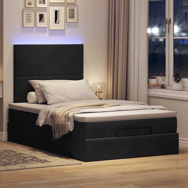 LED-valgustusega voodiraam peatsiga koos madratsiga, must, 120 × 200 cm, samet — mudel 3314242