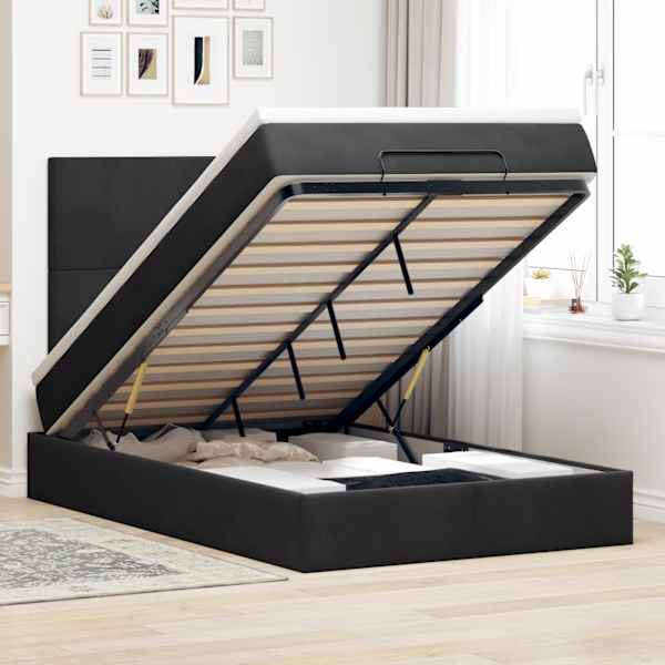 LED-valgustusega voodiraam peatsiga koos madratsiga, must, 120 × 200 cm, samet — mudel 3314242