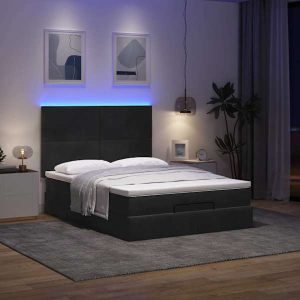 LED-valgustusega voodiraam peatsiga koos madratsiga, must, 140 × 190 cm, samet — mudel 3314248