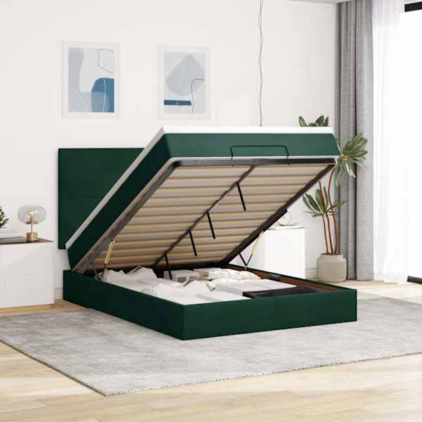 LED-valgustusega voodiraam peatsiga koos madratsiga, tumeroheline, 140 × 190 cm, samet — mudel 3314249