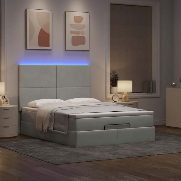 LED-valgustusega voodiraam peatsiga koos madratsiga, helehall, 140 × 200 cm, samet — mudel 3314252
