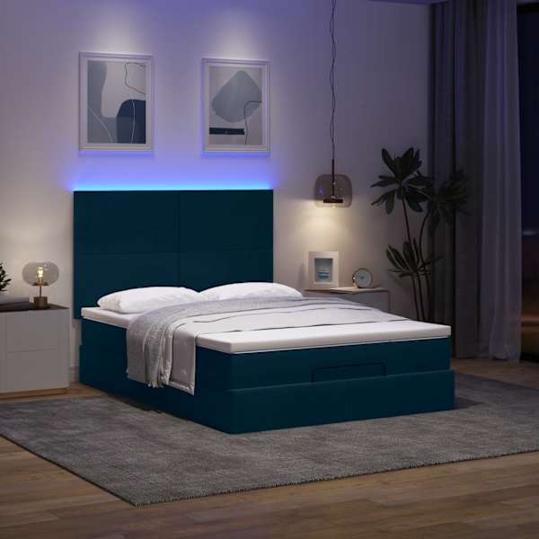 LED-valgustusega voodiraam peatsiga koos madratsiga, tumesinine, 140 × 200 cm, samet — mudel 3314256