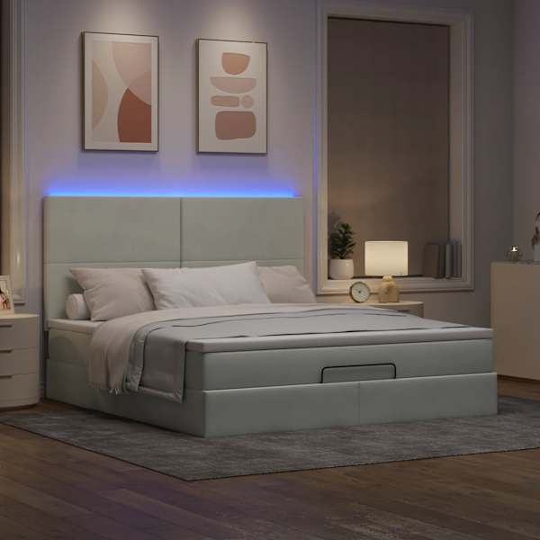 LED-valgustusega voodiraam peatsiga koos madratsiga, helehall, 160 × 200 cm, samet — mudel 3314258