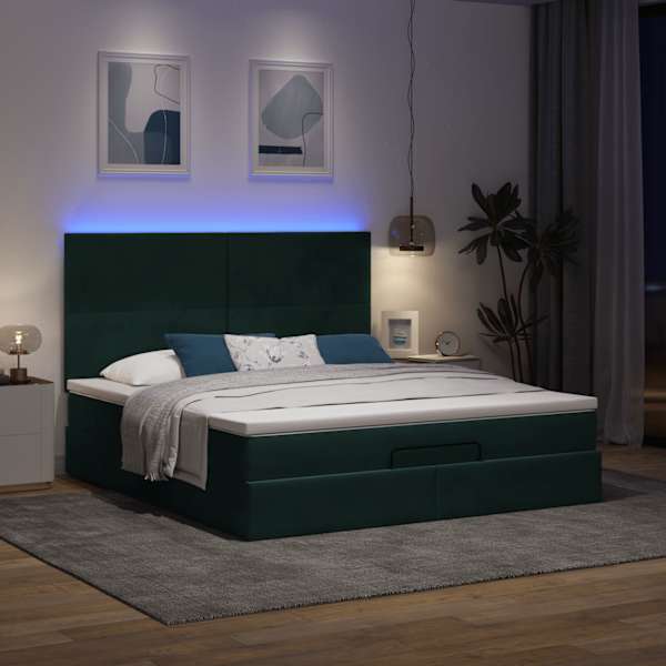 LED-valgustusega voodiraam peatsiga koos madratsiga, tumeroheline, 160 × 200 cm, samet — mudel 3314261
