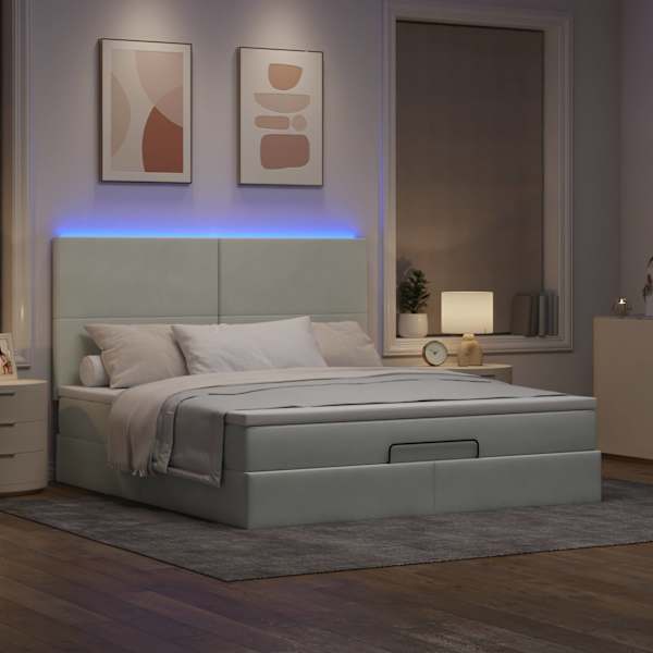 LED-valgustusega voodiraam peatsiga koos madratsiga, helehall, 180 × 200 cm, samet — mudel 3314264