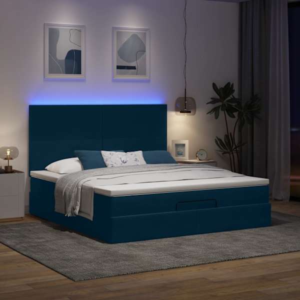 LED-valgustusega voodiraam peatsiga koos madratsiga, tumesinine, 180 × 200 cm, samet — mudel 3314268
