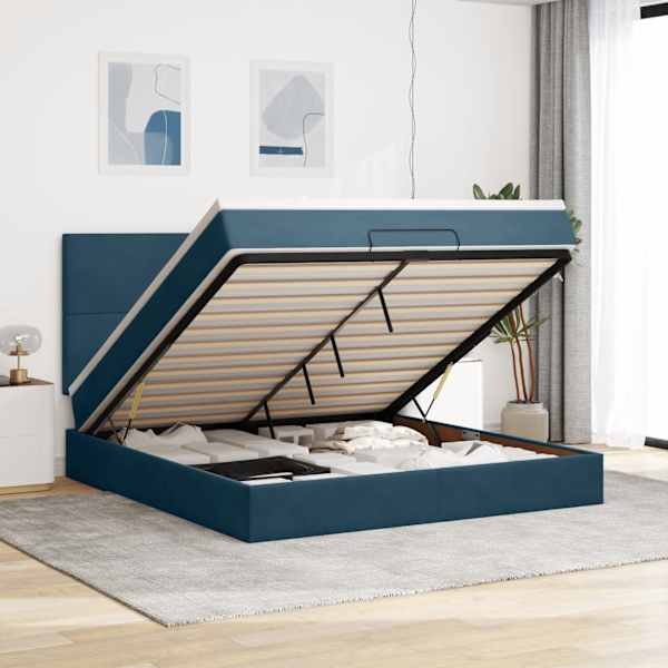 LED-valgustusega voodiraam peatsiga koos madratsiga, tumesinine, 180 × 200 cm, samet — mudel 3314268