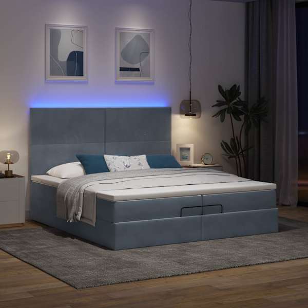 LED-valgustusega voodiraam peatsiga koos 2 madratsiga, tumehall, 200 × 200 cm, samet — mudel 3314271
