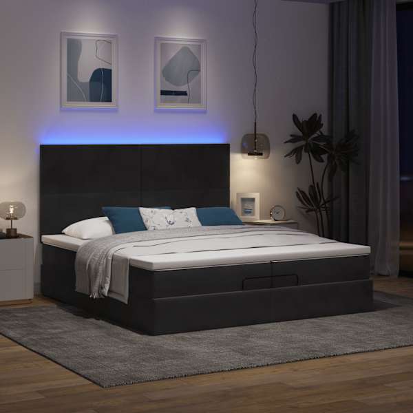 LED-valgustusega voodiraam peatsiga koos 2 madratsiga, must, 200 × 200 cm, samet — mudel 3314272