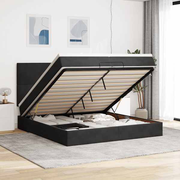 LED-valgustusega voodiraam peatsiga koos 2 madratsiga, must, 200 × 200 cm, samet — mudel 3314272