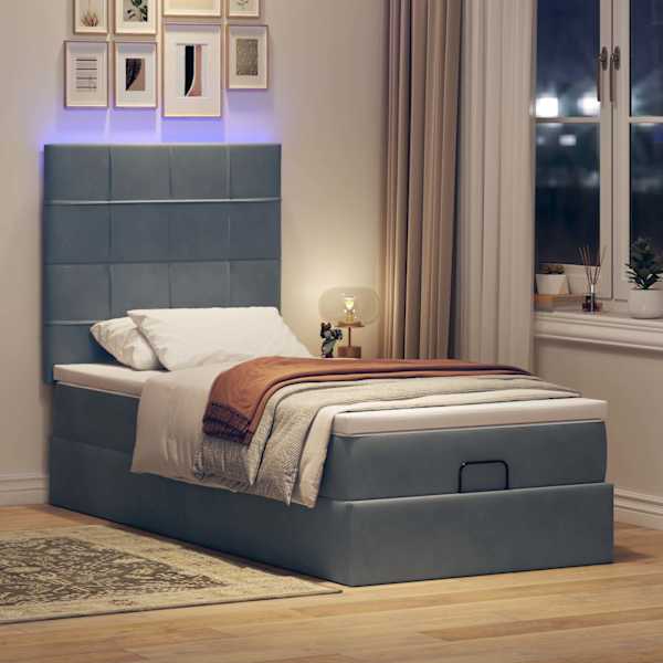 Voodiraam koos madratsi ja LED-valgustusega, tumehall, 80 × 200 cm, samet