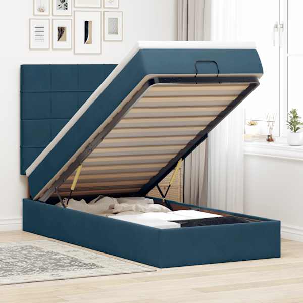 LED-valgustusega voodiraam peatsiga koos madratsiga, tumesinine, 100 × 200 cm, samet — mudel 3314304