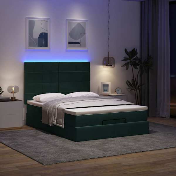 LED-valgustusega voodiraam peatsiga koos madratsiga, tumeroheline, 140 × 190 cm, samet — mudel 3314321