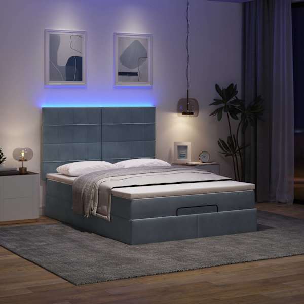 LED-valgustusega voodiraam peatsiga koos madratsiga, tumehall, 140 × 200 cm, samet — mudel 3314325