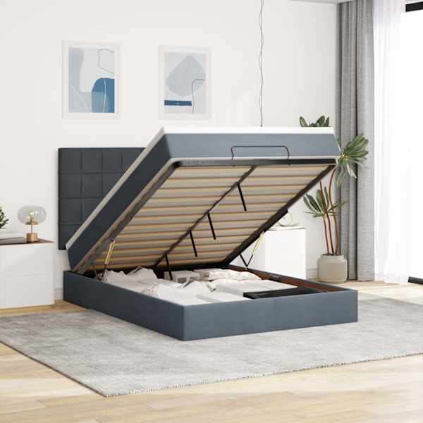 LED-valgustusega voodiraam peatsiga koos madratsiga, tumehall, 140 × 200 cm, samet — mudel 3314325
