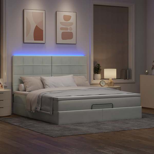 LED-valgustusega voodiraam peatsiga koos madratsiga, helehall, 160 × 200 cm, samet — mudel 3314330