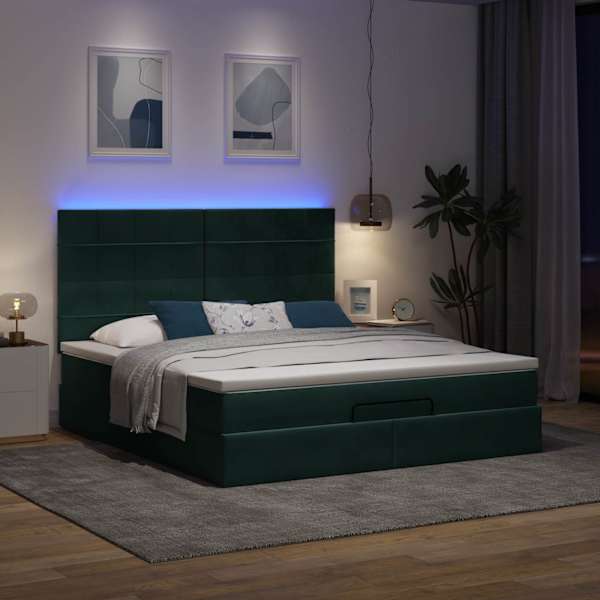 LED-valgustusega voodiraam peatsiga koos madratsiga, tumeroheline, 160 × 200 cm, samet — mudel 3314333
