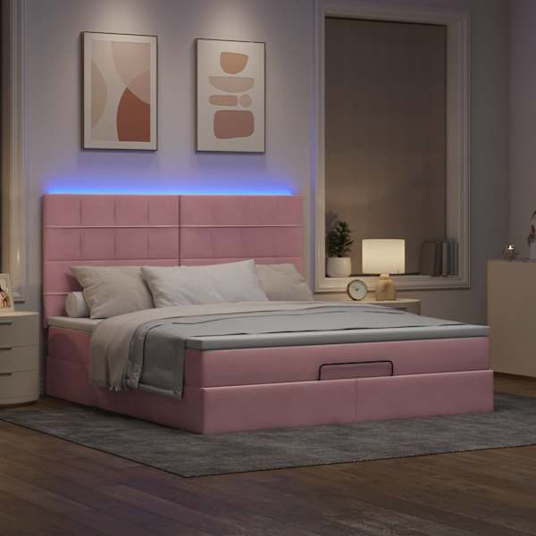 LED-valgustusega voodiraam peatsiga koos madratsiga, roosa, 160 × 200 cm, samet — mudel 3314335