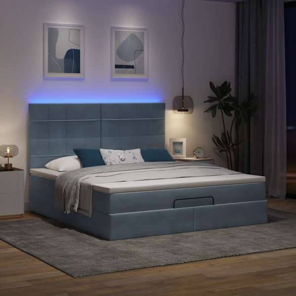 LED-valgustusega voodiraam peatsiga koos madratsiga, tumehall, 180 × 200 cm, samet — mudel 3314337